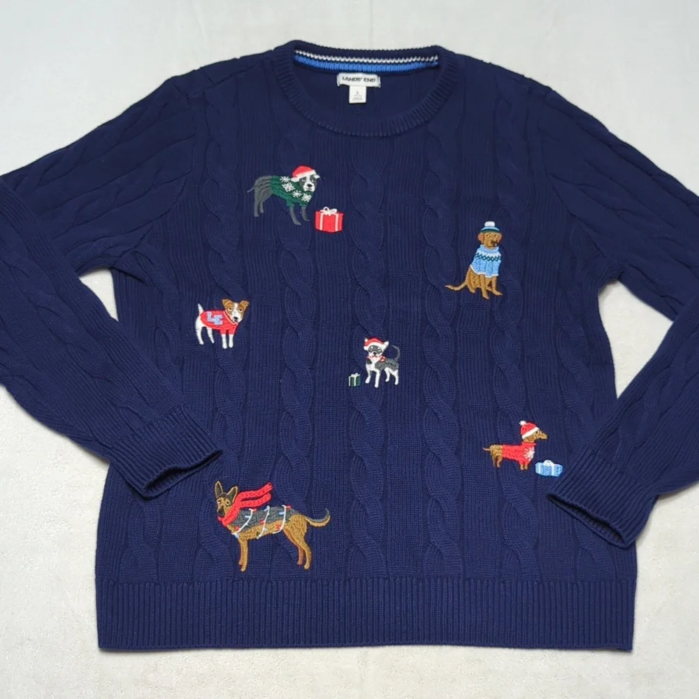 Lands' End Men's‎ Long Sleeve Embroidered Drifter Cable Knit Crew Neck Sweater L